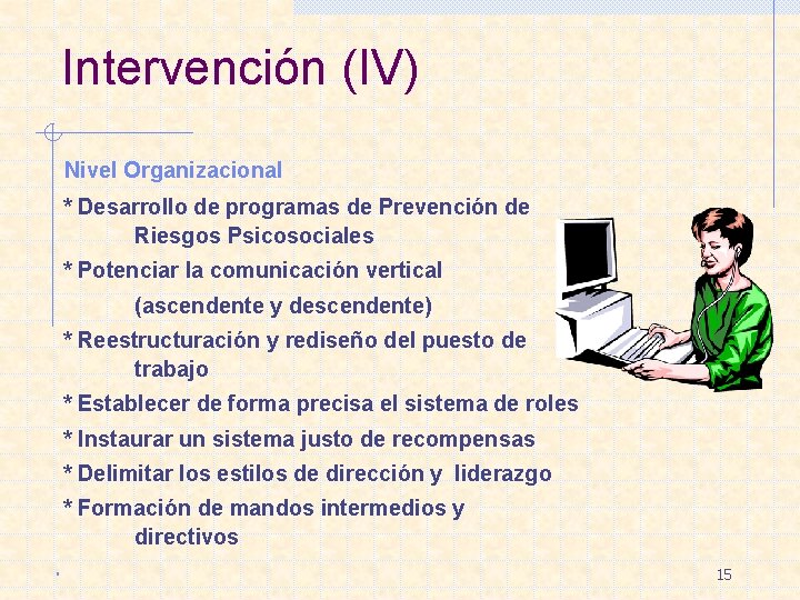 Intervención (IV) Nivel Organizacional * Desarrollo de programas de Prevención de Riesgos Psicosociales *
