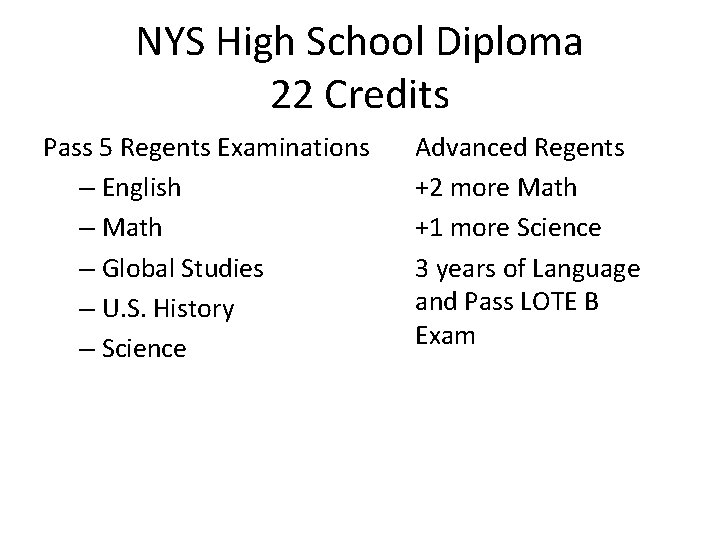NYS High School Diploma 22 Credits Pass 5 Regents Examinations – English – Math NYS High School Diploma 22 Credits Pass 5 Regents Examinations – English – Math