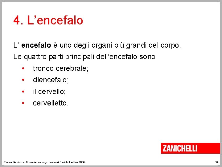 4. L’encefalo L’ encefalo è uno degli organi più grandi del corpo. Le quattro