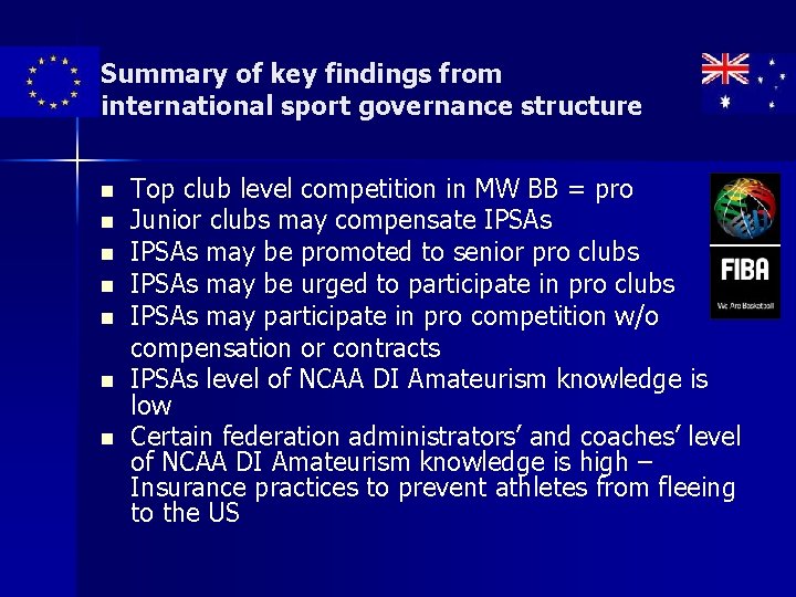 Summary of key findings from international sport governance structure n n n n Top