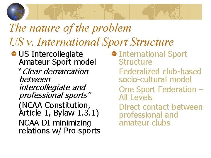 The nature of the problem US v. International Sport Structure US Intercollegiate Amateur Sport