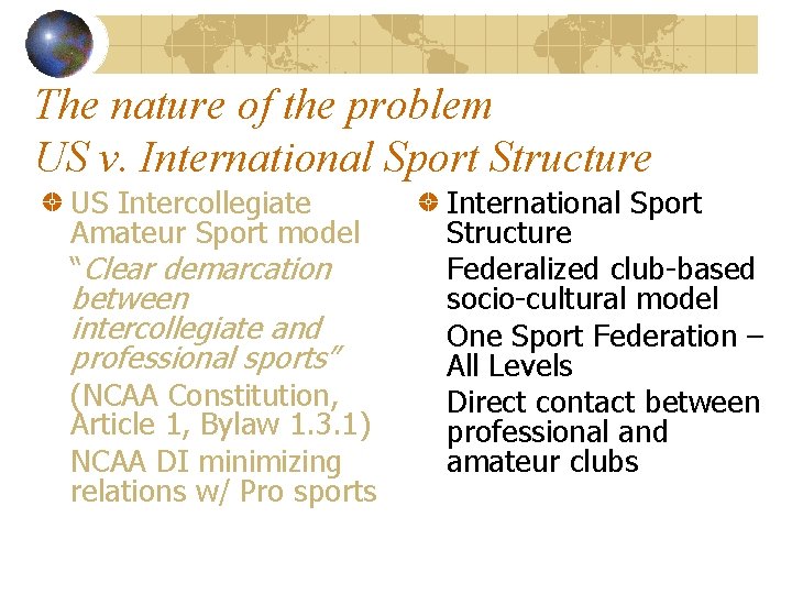 The nature of the problem US v. International Sport Structure US Intercollegiate Amateur Sport