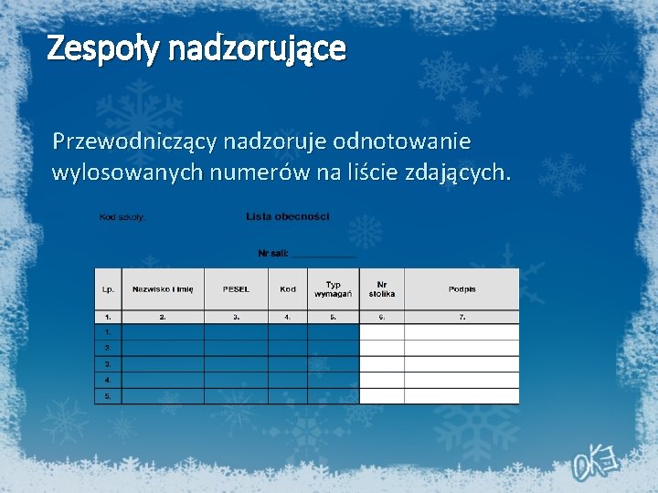 Zespoły nadzorujące Przewodniczący nadzoruje odnotowanie wylosowanych numerów na liście zdających. 