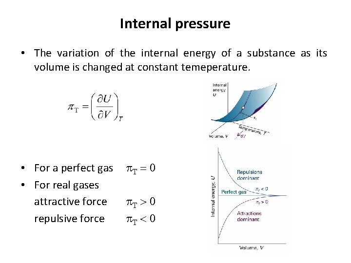 Internal pressure • The variation of the internal energy of a substance as its