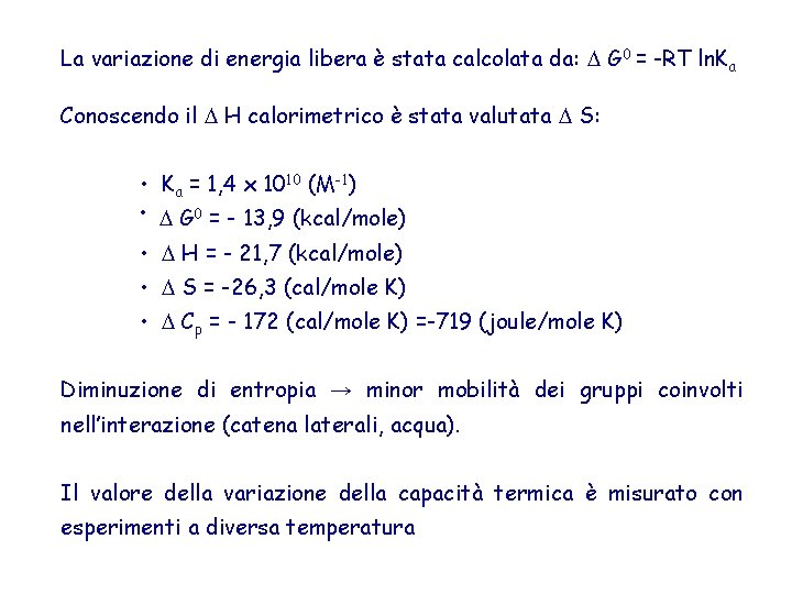 La variazione di energia libera è stata calcolata da: G 0 = -RT ln.