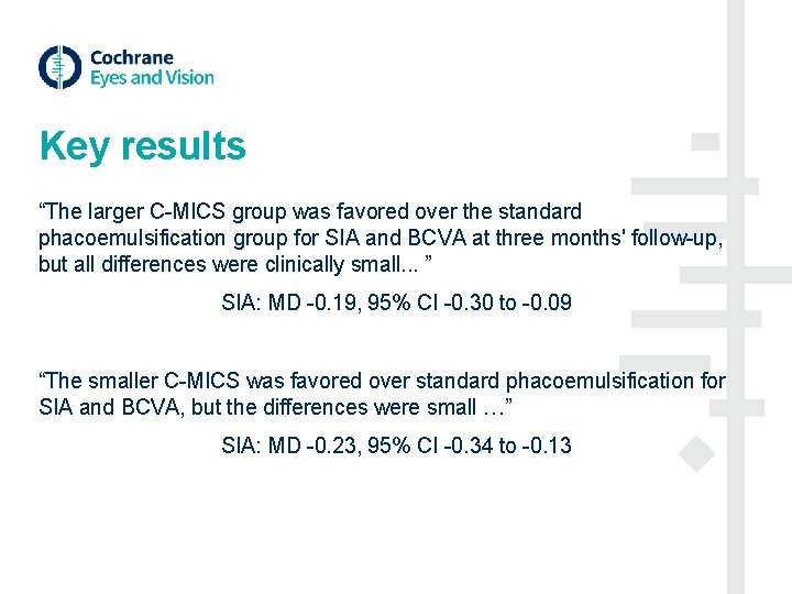 Key results “The larger C-MICS group was favored over the standard phacoemulsification group for