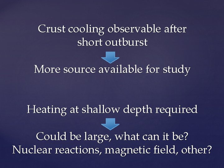 Crust cooling observable after short outburst More source available for study Heating at shallow