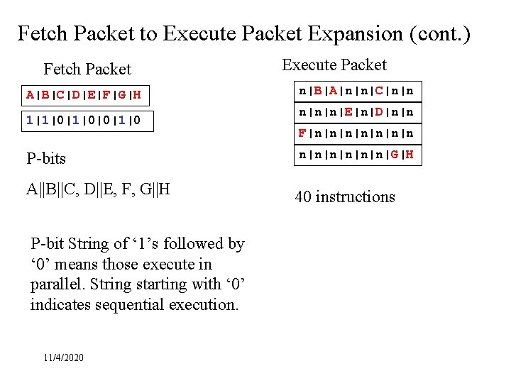 Fetch Packet to Execute Packet Expansion (cont. ) Fetch Packet A|B|C|D|E|F|G|H 1|1|0|0|1|0 P-bits A||B||C,