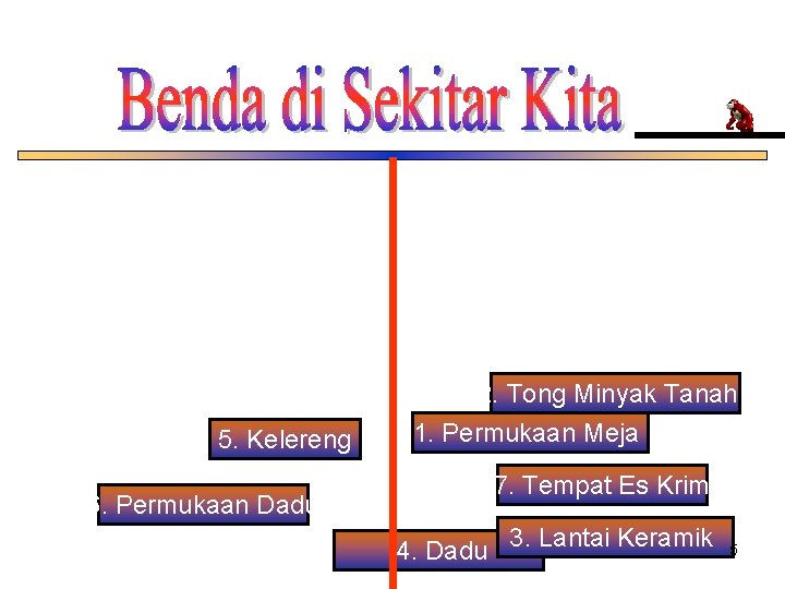 5. Kelereng 6. Permukaan Dadu 2. Tong Minyak Tanah 1. Permukaan Meja 7. Tempat