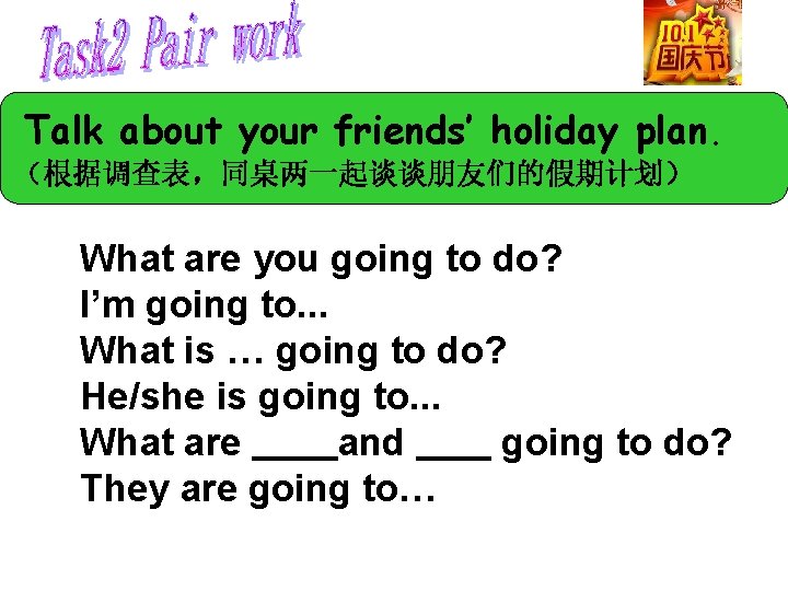 Talk about your friends’ holiday plan. (根据调查表,同桌两一起谈谈朋友们的假期计划) What are you going to do? I’m Talk about your friends’ holiday plan. (根据调查表,同桌两一起谈谈朋友们的假期计划) What are you going to do? I’m