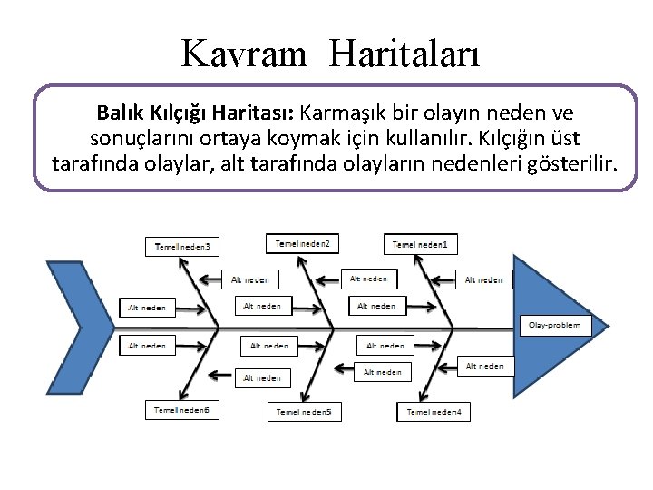 Kavram Haritaları Balık Kılçığı Haritası: Karmaşık bir olayın neden ve sonuçlarını ortaya koymak için