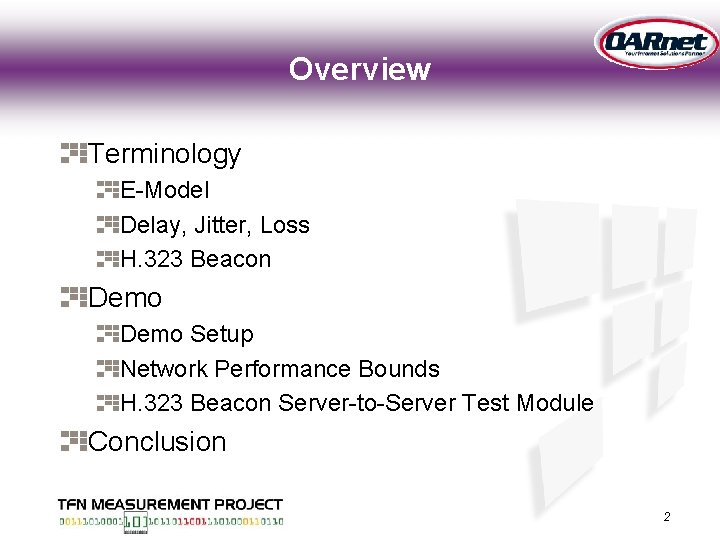 Overview Terminology E-Model Delay, Jitter, Loss H. 323 Beacon Demo Setup Network Performance Bounds
