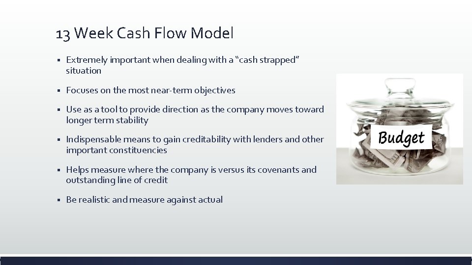 13 Week Cash Flow Model § Extremely important when dealing with a “cash strapped” 13 Week Cash Flow Model § Extremely important when dealing with a “cash strapped”