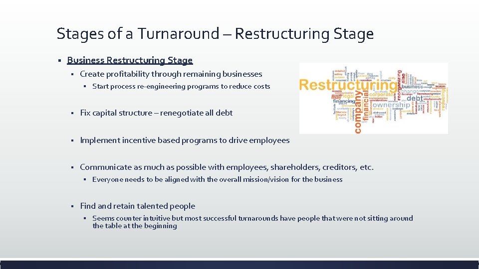Stages of a Turnaround – Restructuring Stage § Business Restructuring Stage § Create profitability Stages of a Turnaround – Restructuring Stage § Business Restructuring Stage § Create profitability