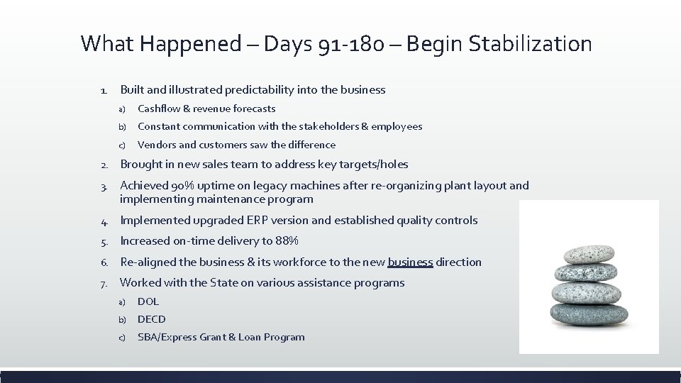 What Happened – Days 91 -180 – Begin Stabilization 1. Built and illustrated predictability What Happened – Days 91 -180 – Begin Stabilization 1. Built and illustrated predictability