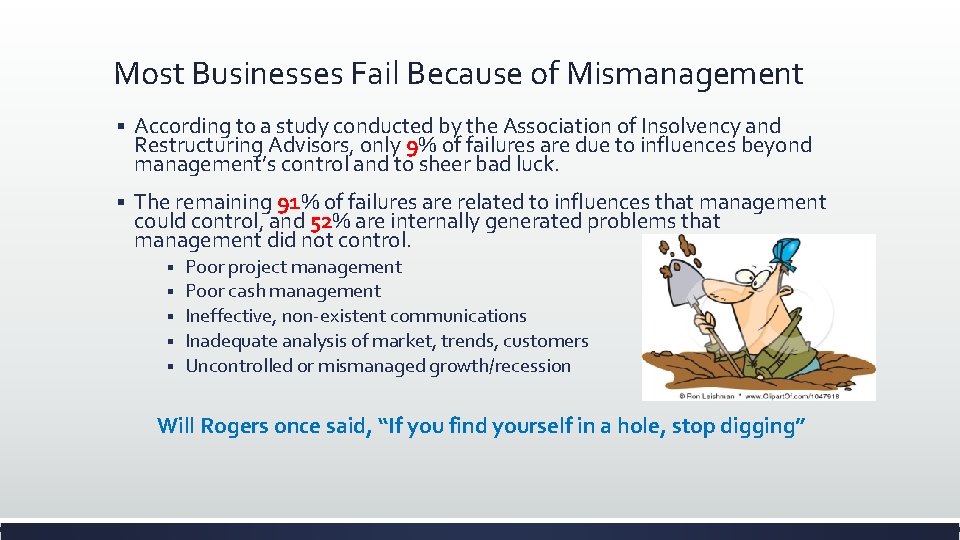 Most Businesses Fail Because of Mismanagement § According to a study conducted by the Most Businesses Fail Because of Mismanagement § According to a study conducted by the