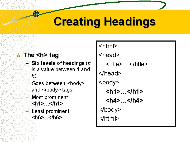 Creating Headings The <h> tag – Six levels of headings (n is a value