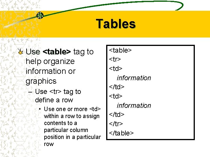 Tables Use <table> tag to help organize information or graphics – Use <tr> tag