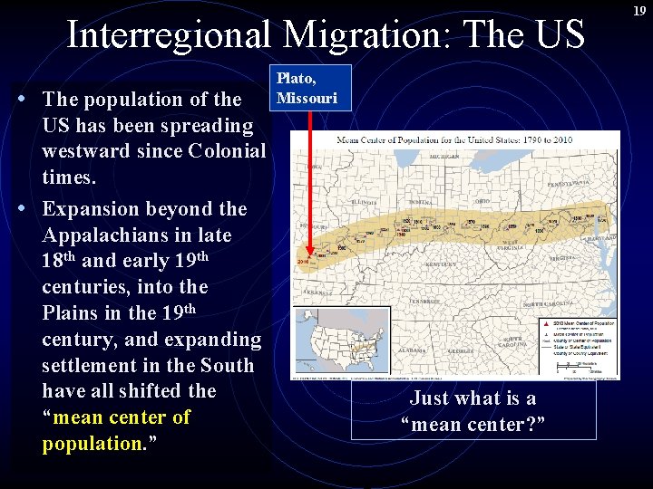 Interregional Migration: The US • The population of the US has been spreading westward