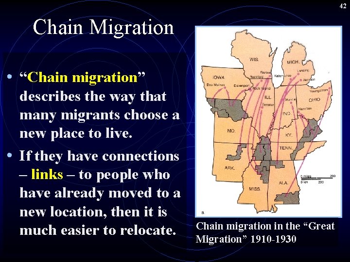 42 Chain Migration • “Chain migration” describes the way that many migrants choose a