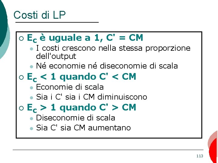 Costi di LP ¡ EC è uguale a 1, C' = CM ¡ EC