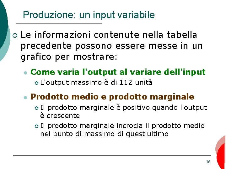 Produzione: un input variabile ¡ Le informazioni contenute nella tabella precedente possono essere messe