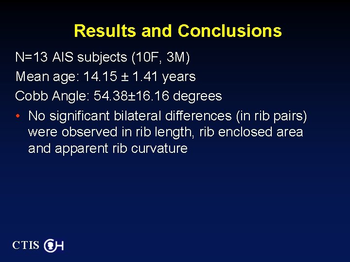 Results and Conclusions N=13 AIS subjects (10 F, 3 M) Mean age: 14. 15