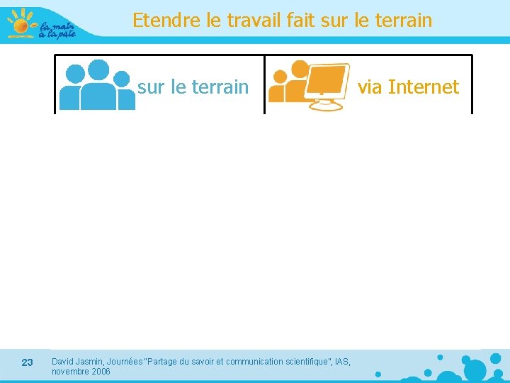 Etendre le travail fait sur le terrain via Internet Centres ressources Site Web accompagnement