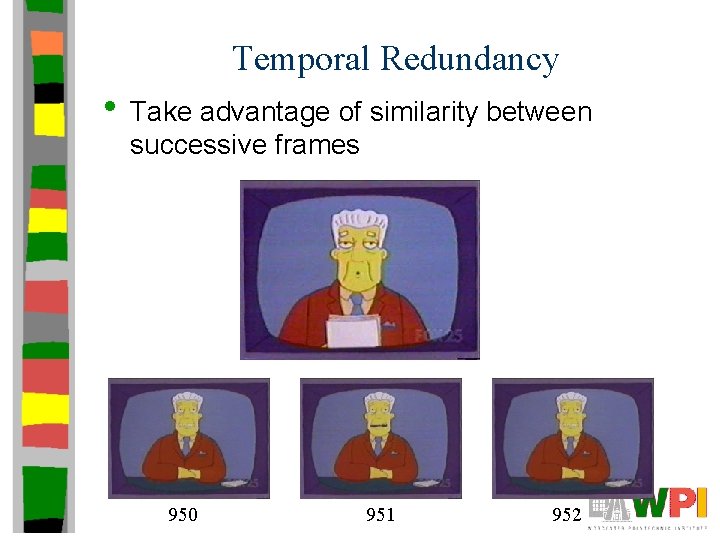 Temporal Redundancy • Take advantage of similarity between successive frames 950 951 952 