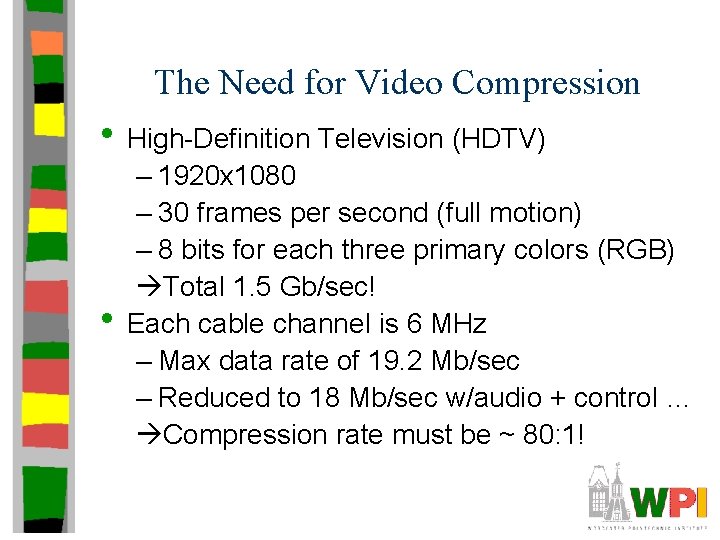 The Need for Video Compression • High-Definition Television (HDTV) • – 1920 x 1080