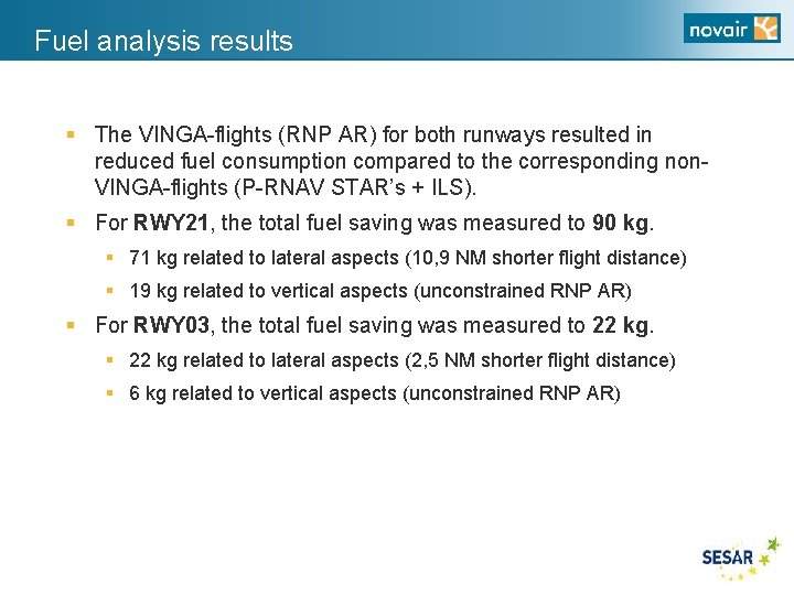 Fuel analysis results § The VINGA-flights (RNP AR) for both runways resulted in reduced