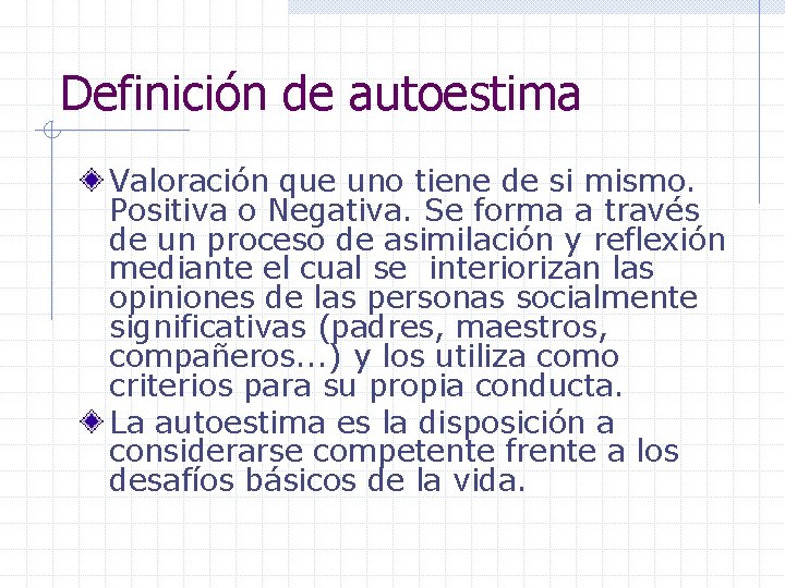 Definición de autoestima Valoración que uno tiene de si mismo. Positiva o Negativa. Se