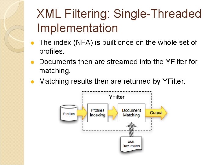 XML Filtering: Single-Threaded Implementation l l l The index (NFA) is built once on
