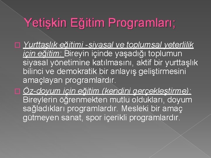 Yetişkin Eğitim Programları; Yurttaşlık eğitimi -siyasal ve toplumsal yeterlilik için eğitim: Bireyin içinde yaşadığı