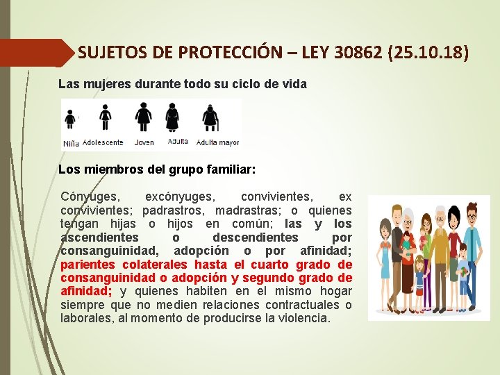 SUJETOS DE PROTECCIÓN – LEY 30862 (25. 10. 18) Las mujeres durante todo su