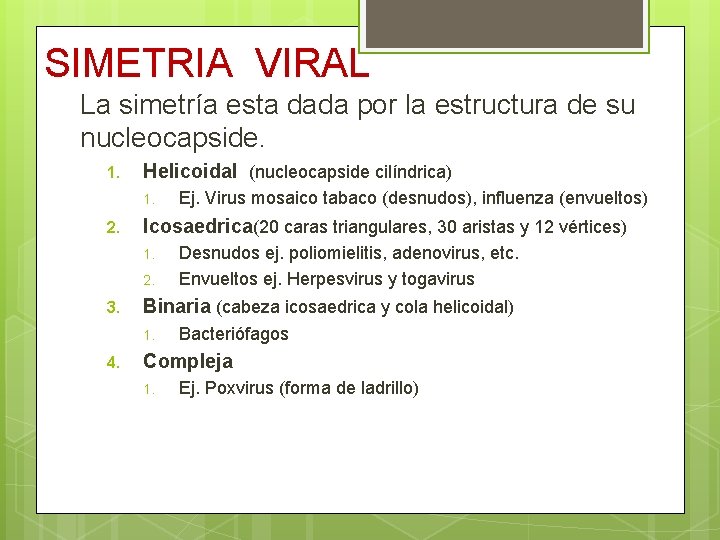 SIMETRIA VIRAL La simetría esta dada por la estructura de su nucleocapside. 1. Helicoidal