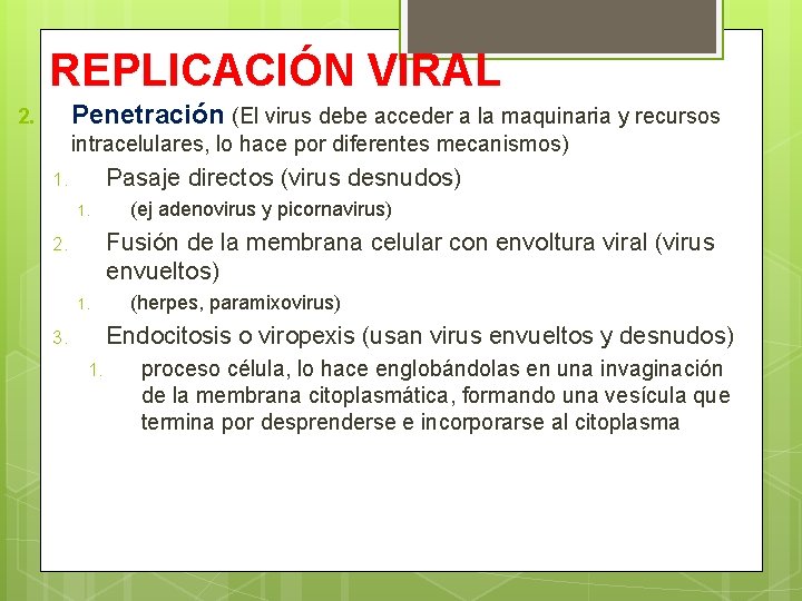 REPLICACIÓN VIRAL Penetración (El virus debe acceder a la maquinaria y recursos 2. intracelulares,
