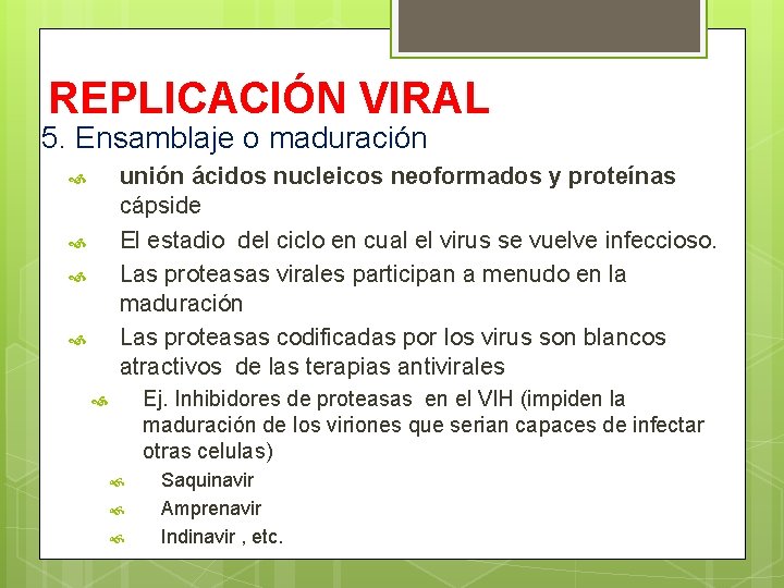 REPLICACIÓN VIRAL 5. Ensamblaje o maduración unión ácidos nucleicos neoformados y proteínas cápside El