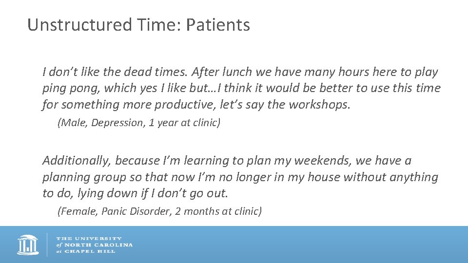 Unstructured Time: Patients I don’t like the dead times. After lunch we have many