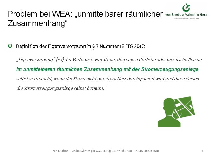 Problem bei WEA: „unmittelbarer räumlicher Zusammenhang“ Definition der Eigenversorgung in § 3 Nummer 19
