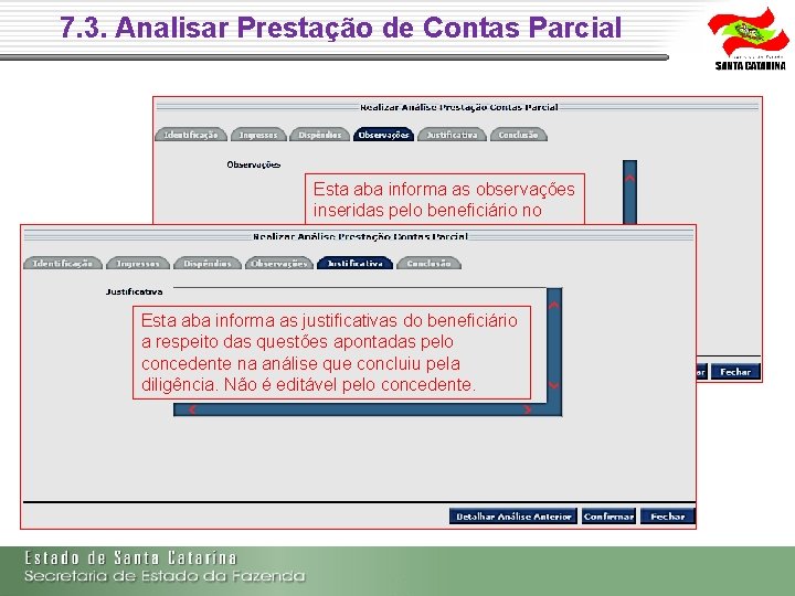 7. 3. Analisar Prestação de Contas Parcial Esta aba informa as observações inseridas pelo 7. 3. Analisar Prestação de Contas Parcial Esta aba informa as observações inseridas pelo