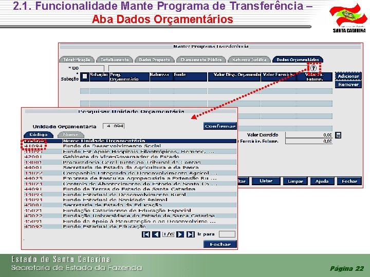 2. 1. Funcionalidade Mante Programa de Transferência – Aba Dados Orçamentários Página 22 2. 1. Funcionalidade Mante Programa de Transferência – Aba Dados Orçamentários Página 22