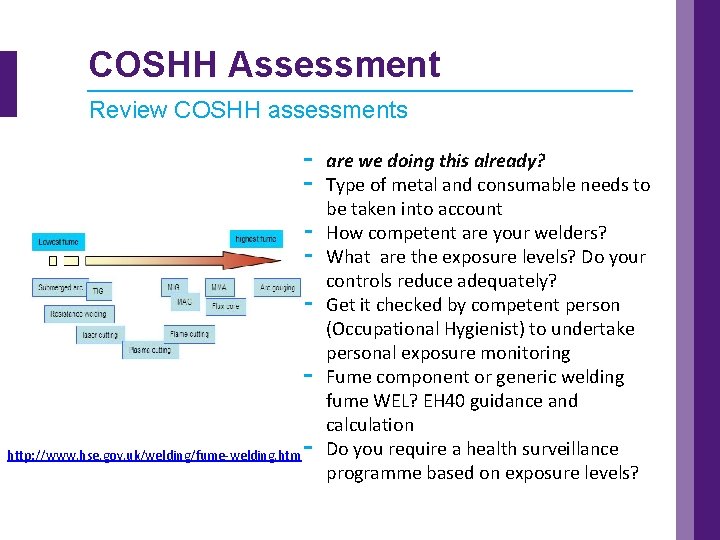  COSHH Assessment Review COSHH assessments http: //www. hse. gov. uk/welding/fume-welding. htm - are