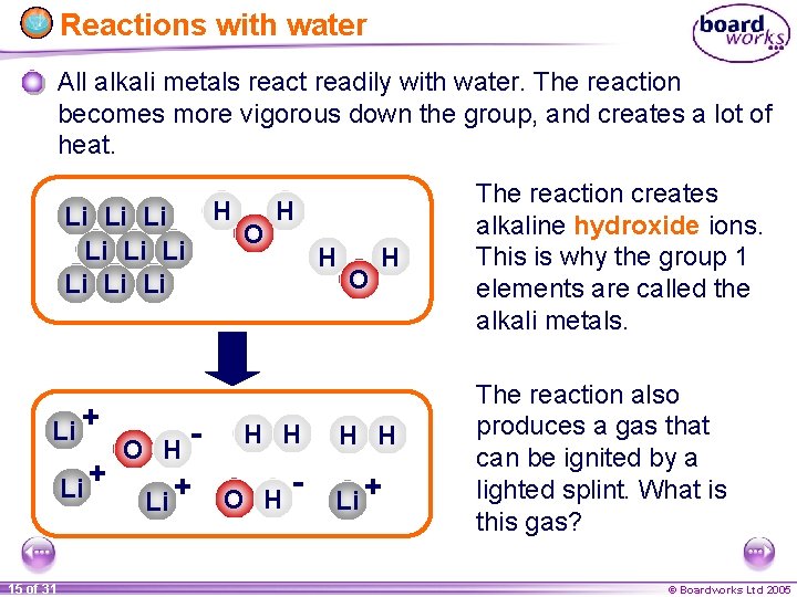 Reactions with water All alkali metals react readily with water. The reaction becomes more