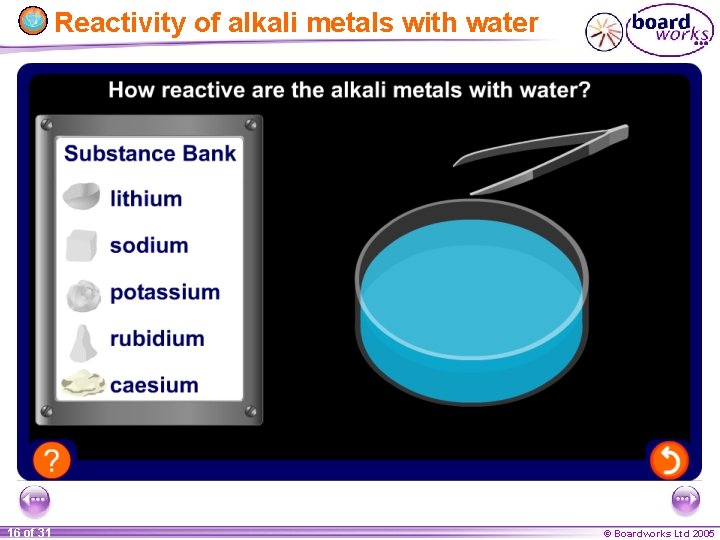 Reactivity of alkali metals with water 16 of 31 © Boardworks Ltd 2005 