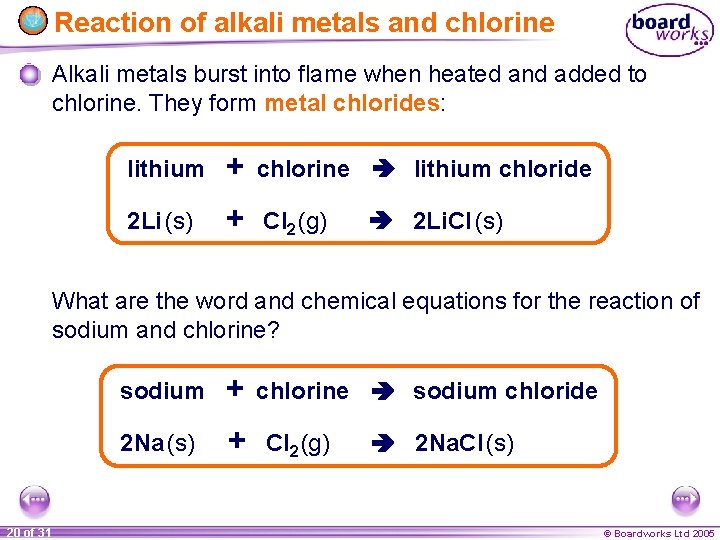 Reaction of alkali metals and chlorine Alkali metals burst into flame when heated and