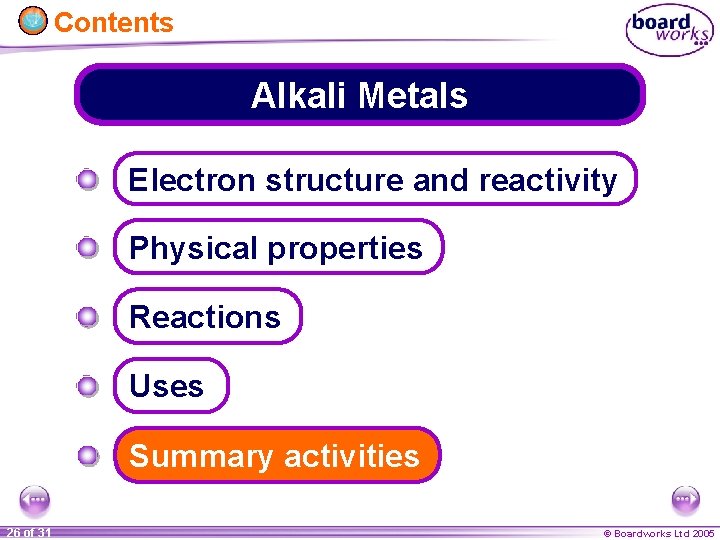 Contents Alkali Metals Electron structure and reactivity Physical properties Reactions Uses Summary activities 26