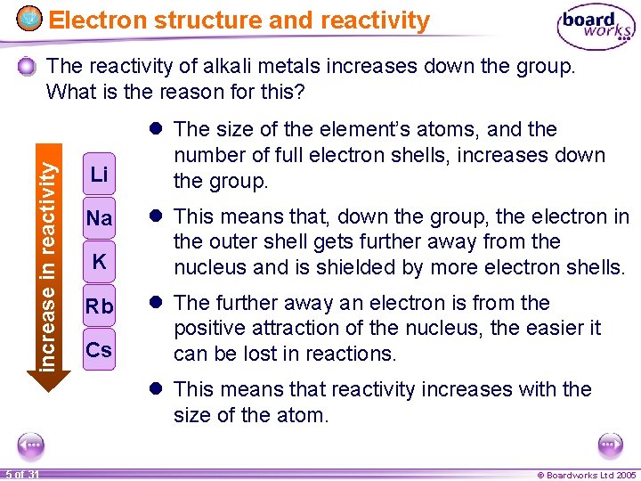 Electron structure and reactivity increase in reactivity The reactivity of alkali metals increases down