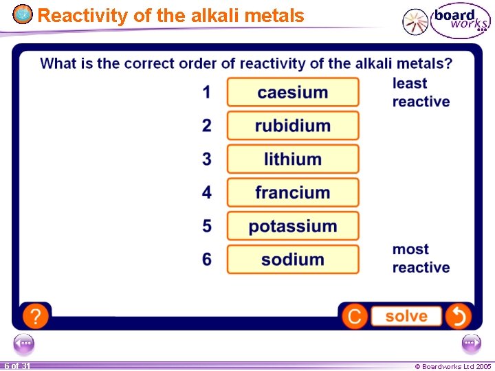 Reactivity of the alkali metals 6 of 31 © Boardworks Ltd 2005 