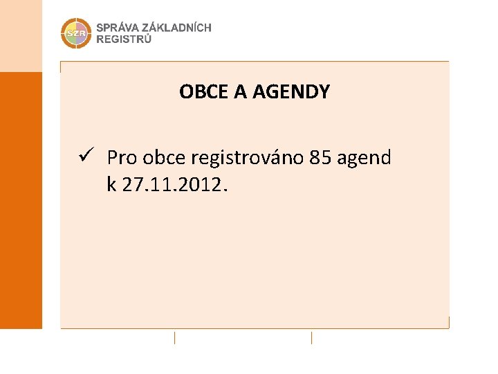 OBCE A AGENDY ü Pro obce registrováno 85 agend k 27. 11. 2012. 